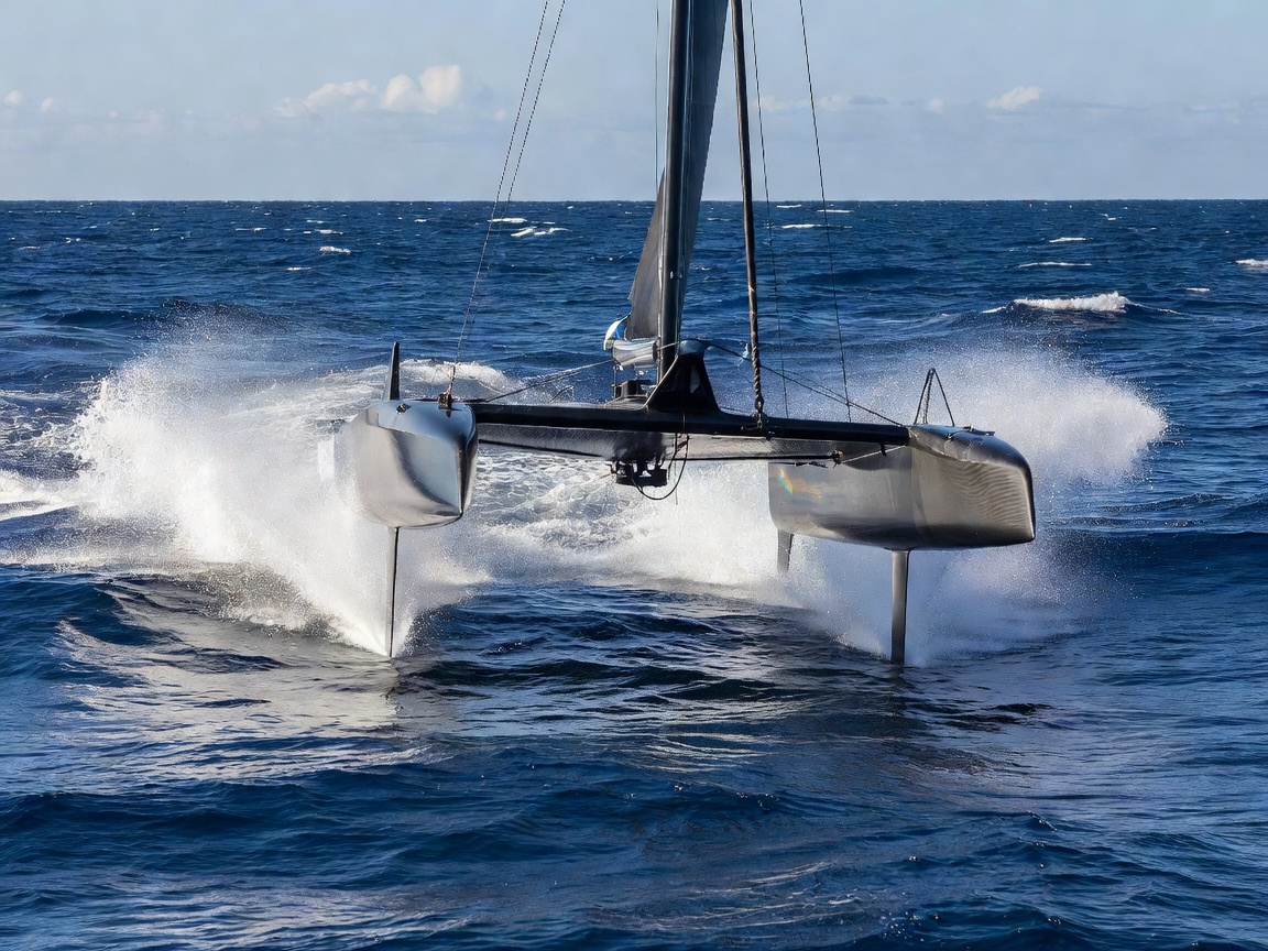 High speed foil assisted catamaran undergoing sea trials in open water
